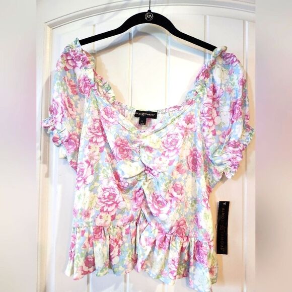 Almost Famous Tops - Almost Famous Women's Junior Blouse, Large, Puff Sleeve Pastel Rose Pink Blue